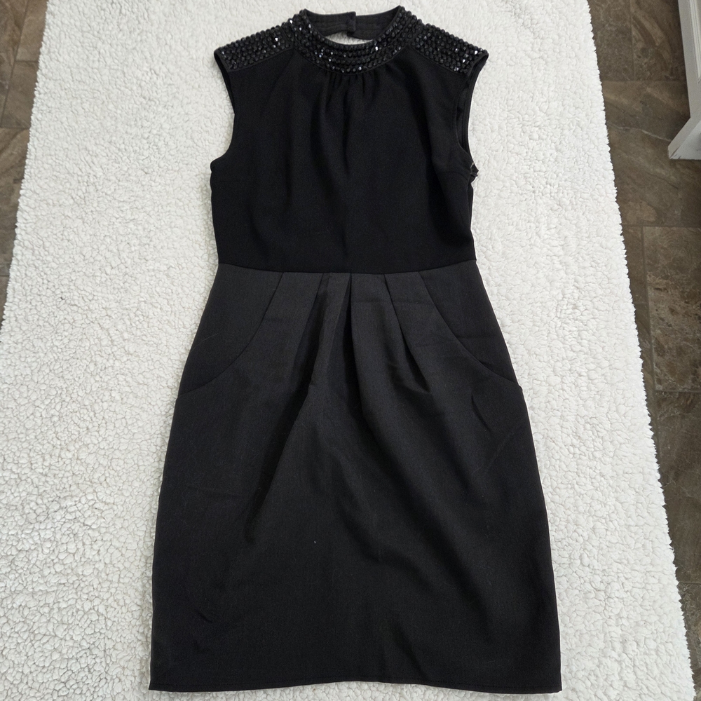 Esley Elegant Black Mini Dress with Beaded‎ Accents Womens S Pockets Party